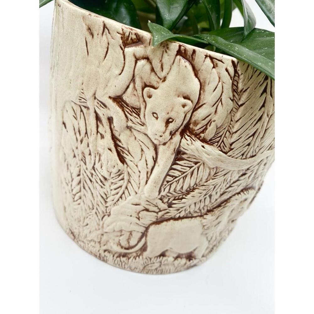 1975 Planter Pot Duncan Ceramic Prod Inc. Embossed Jungle Cats 6" MCM Lion